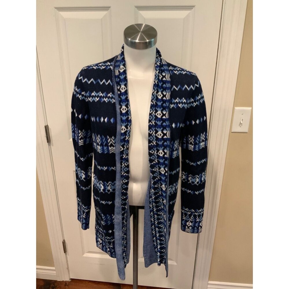 BCBG Max Azria Blue & White Amur Geometric Knit Open Front Cardigan, Size XS